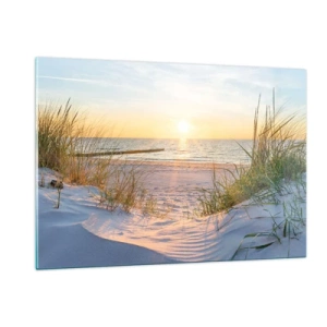 Impression sur verre - Image sur verre - Plage au coucher du soleil avec vue sur la mer et les herbes des dunes - 120x80cm - Le bruit de la mer, le chant des oiseaux, une plage sauvage parmi les herbes… - Décoration murale moderne pour le salon et la cham