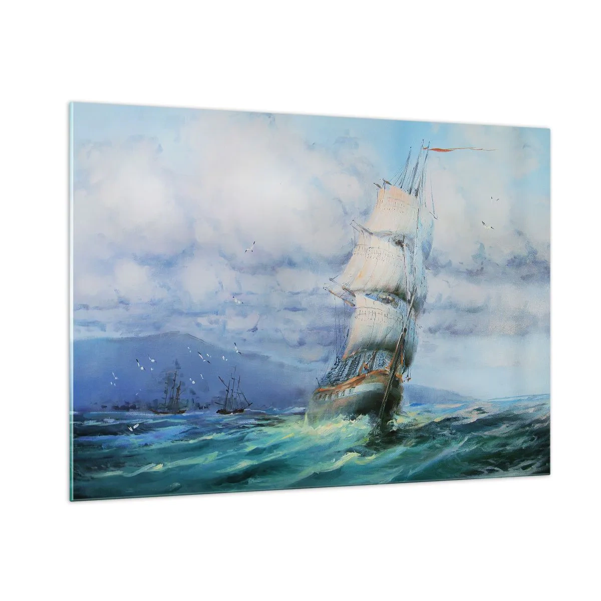 Impression sur verre - Image sur verre - Un navire avec des voiles naviguant sur une mer agitée sous un ciel nuageux - 100x70cm - Vents favorables - Décoration murale moderne pour le salon et la chambre ARTTOR