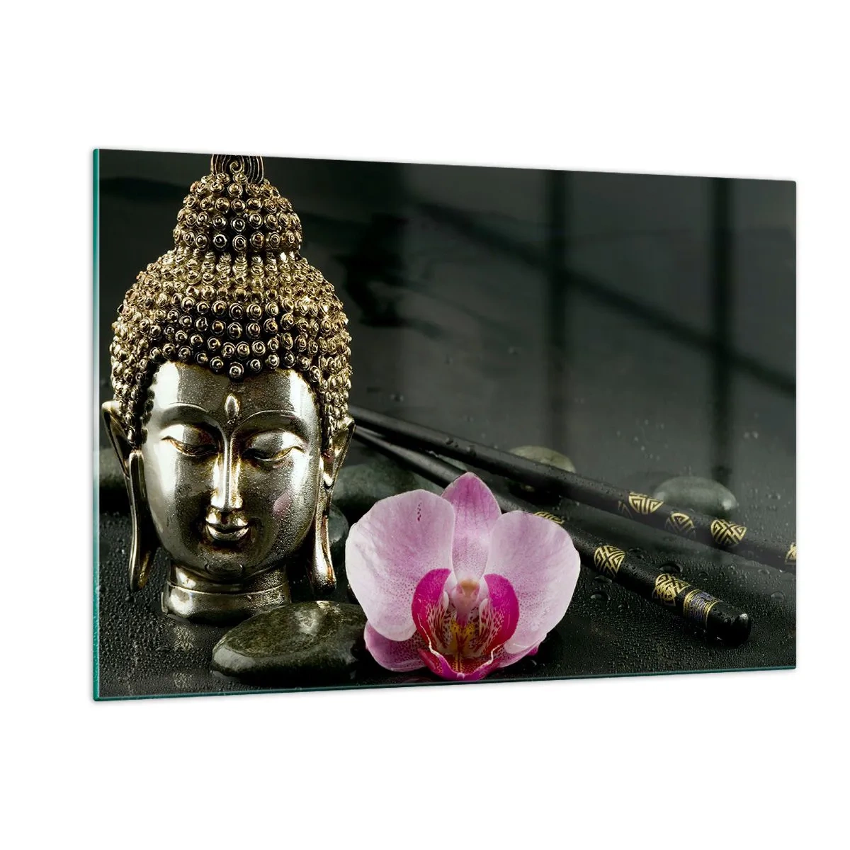 Impression sur verre - Image sur verre - Tête bouddhiste avec une fleur rose sur un fond de pierres - 120x80cm - Harmonie de la sagesse et de la beauté - Décoration murale moderne pour le salon et la chambre ARTTOR