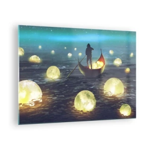 Impression sur verre - Image sur verre - Un bateau avec des lanternes sur l'eau dans un paysage surréaliste - 70x50cm - Des choses dont les philosophes n'ont jamais rêvé - Décoration murale moderne pour le salon et la chambre ARTTOR