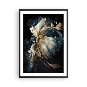 Affiche dans un cadre noir - Poster - Une élégante composition florale abstraite en or et bleu marine. - 50x70cm - Fleur de fougère de conte de fées - Décoration murale moderne pour le salon et la chambre ARTTOR