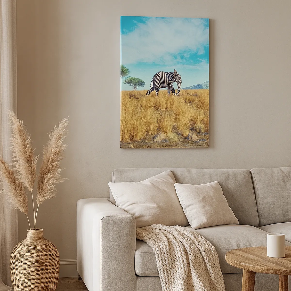 Impression sur toile - Image sur toile - Zèbre dans un paysage africain - 50x70cm - Le gris n'est déjà plus à la mode - Décoration murale moderne pour le salon et la chambre ARTTOR