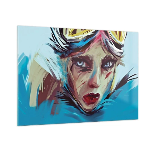 Impression sur verre - Image sur verre - Portrait d'une femme avec des lunettes et des coups de pinceau bleus - 100x70cm - Guerrière errante - Décoration murale moderne pour le salon et la chambre ARTTOR