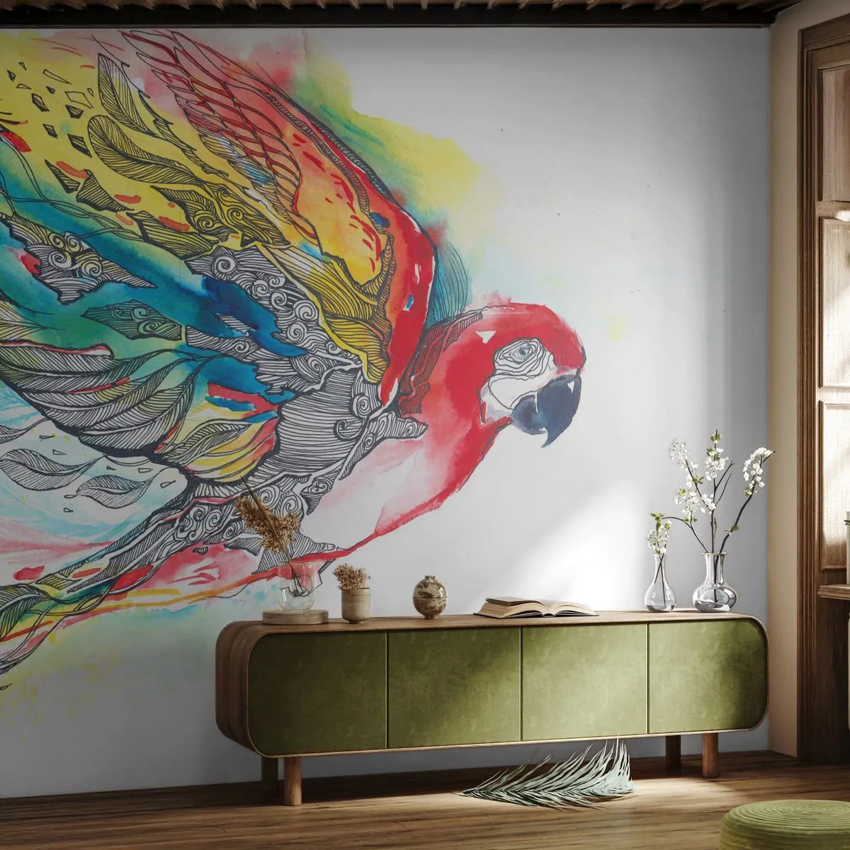 Papier Peint Autocollant Deluxe Sticker - Vivez haut en couleurs - Oiseau, Perroquet, Plumes colorées - 250x175 cm