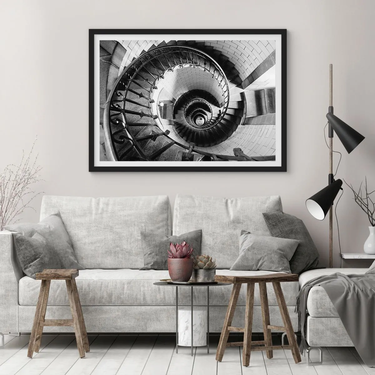 Affiche dans un cadre noir - Poster - Photographie en noir et blanc d'un escalier en colimaçon avec une perspective de haut en bas - 70x50cm - De plus en plus haut - Décoration murale moderne pour le salon et la chambre ARTTOR