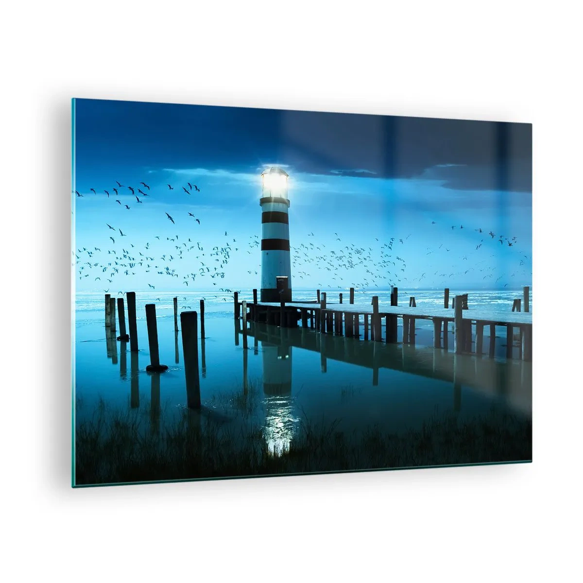 Impression sur verre - Image sur verre - Un phare entouré d'eau calme et d'oiseaux - 70x50cm - Et tu n'as pas peur du noir - Décoration murale moderne pour le salon et la chambre ARTTOR