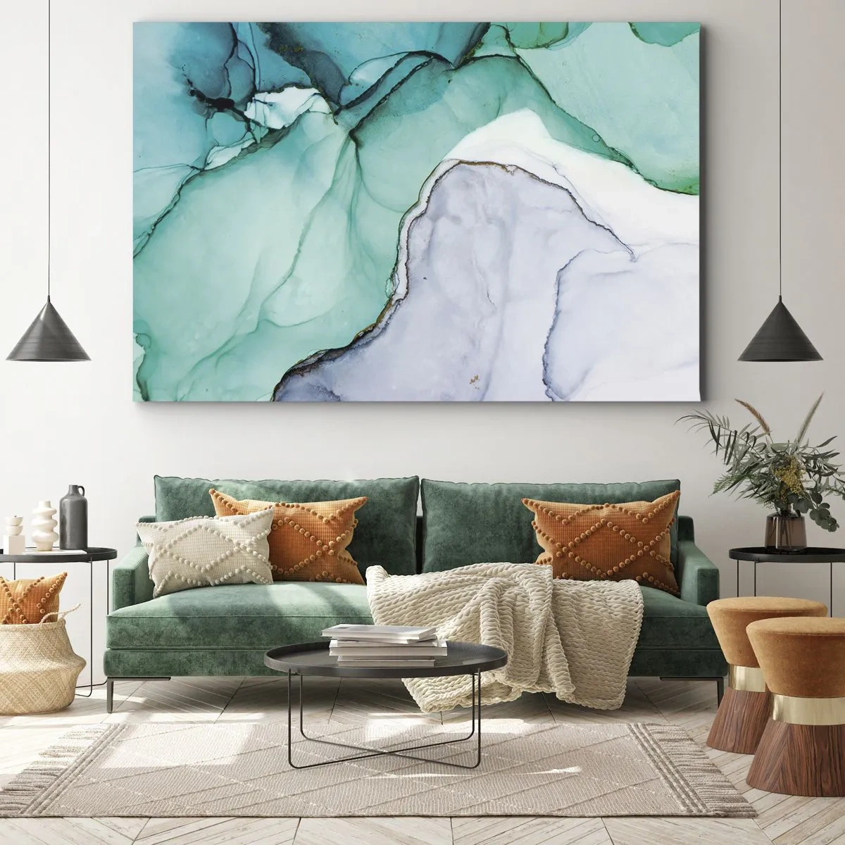 Impression sur toile - Image sur toile - Motif abstrait dans les tons turquoise et blanc - 70x50cm - Étude de turquoise - Décoration murale moderne pour le salon et la chambre ARTTOR