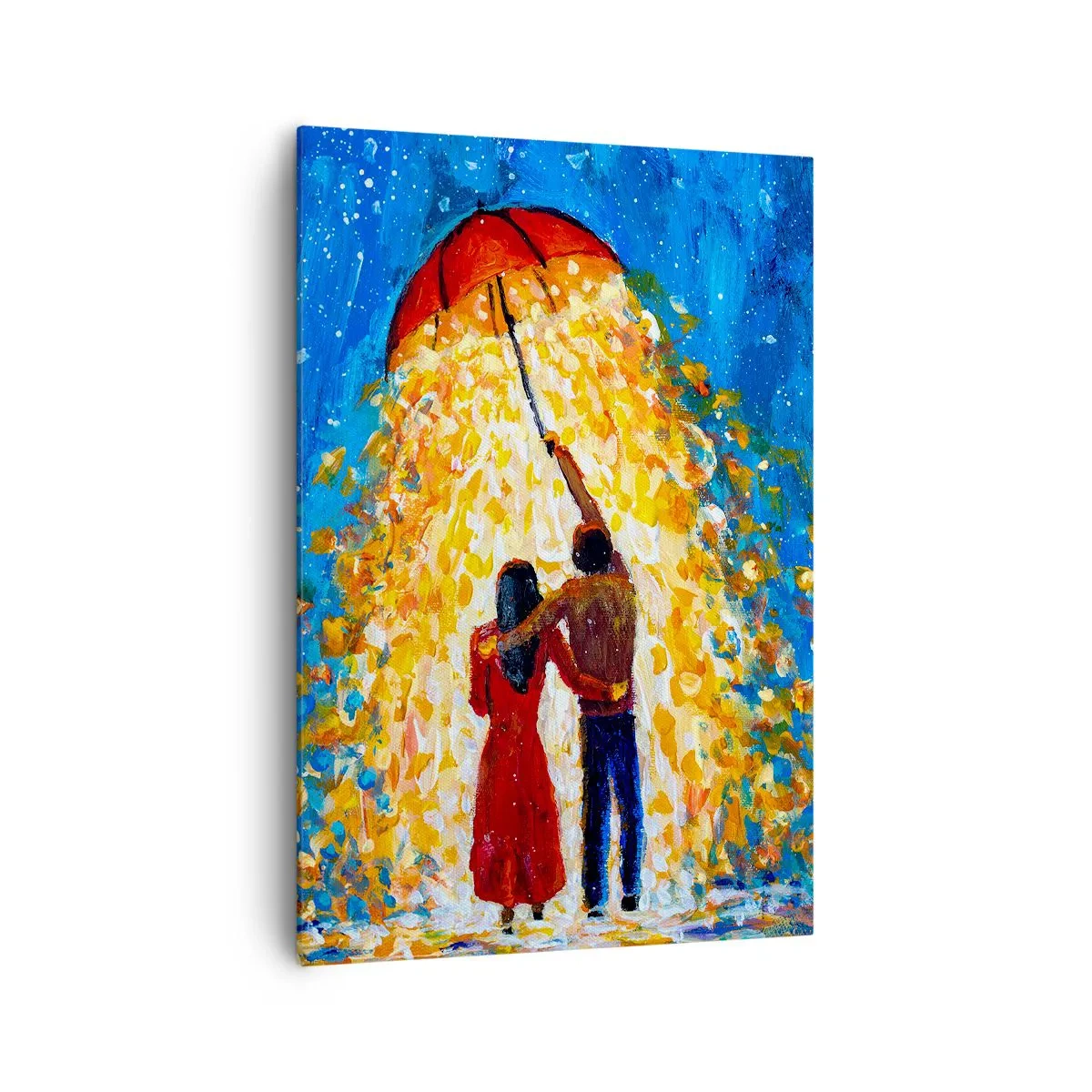 Impression sur toile - Image sur toile - Un couple sous un parapluie rouge sous la pluie lumineuse - 70x100cm - La magie d'une soirée pluvieuse ? - Décoration murale moderne pour le salon et la chambre ARTTOR