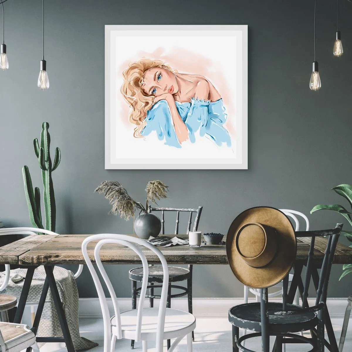 Affiche dans un cadre blanc - Poster - Rêveuse en bleu - 60x60 cm