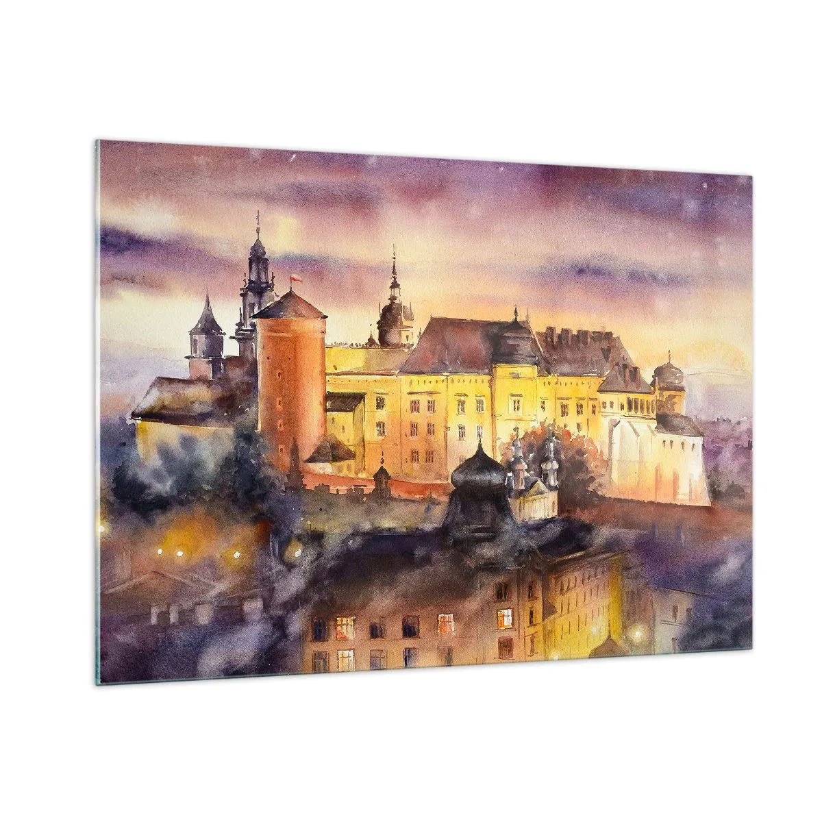 Impression sur verre - Image sur verre - Illustration à l'aquarelle d'un château sur une colline au coucher du soleil - 100x70cm - Histoire et conte de fées - Décoration murale moderne pour le salon et la chambre ARTTOR
