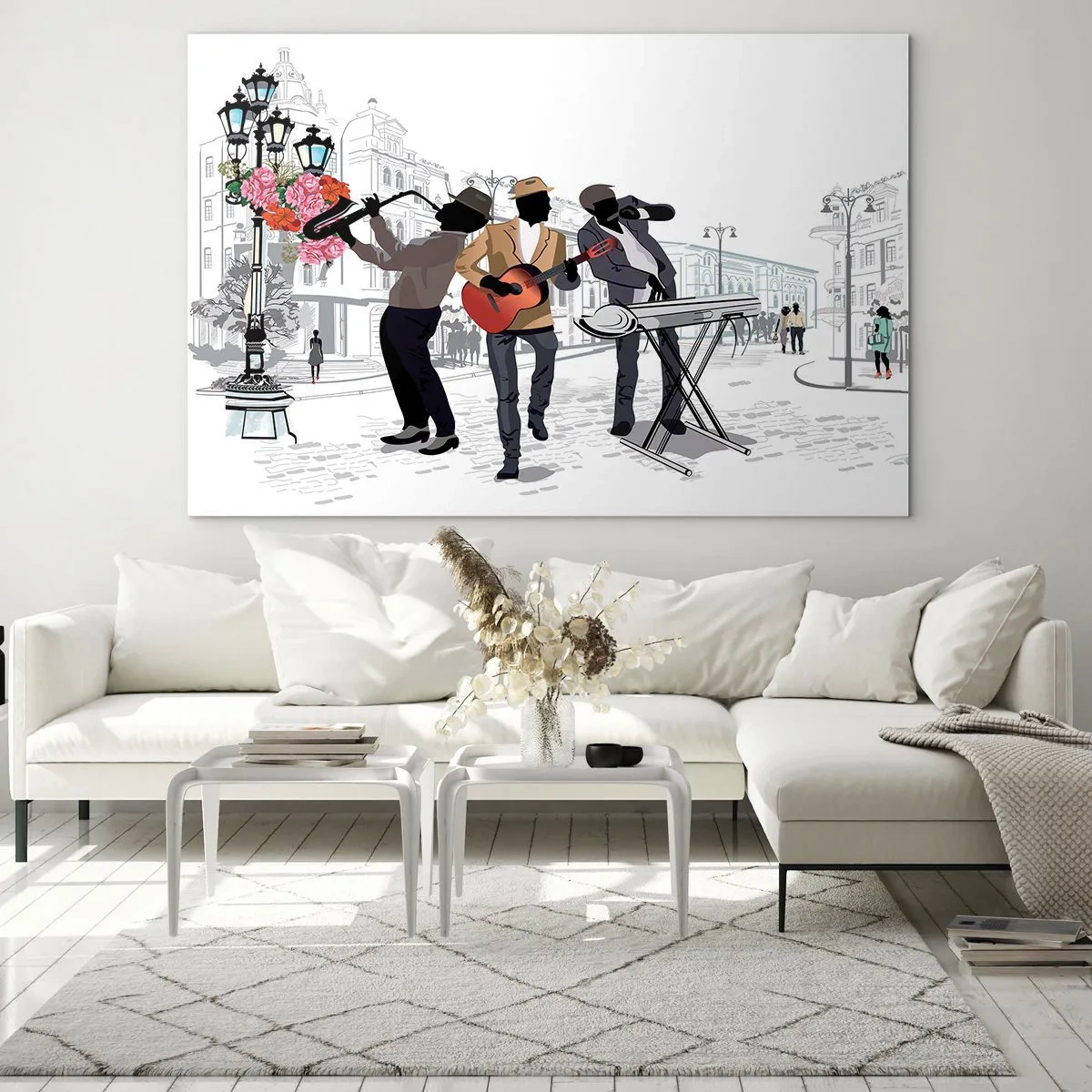 Impression sur verre - Image sur verre - Un groupe de jazz jouant dans la rue - 100x70cm - Musique de rue - Décoration murale moderne pour le salon et la chambre ARTTOR