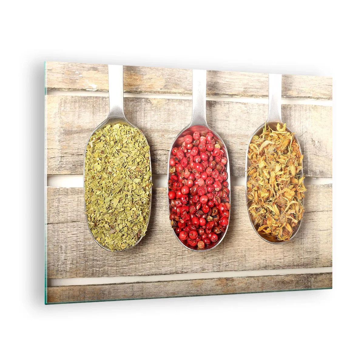 Impression sur verre - Image sur verre - Trois cuillères à épices sur un fond en bois rustique - 70x50cm - Magie de la cuisine - Décoration murale moderne pour le salon et la chambre ARTTOR