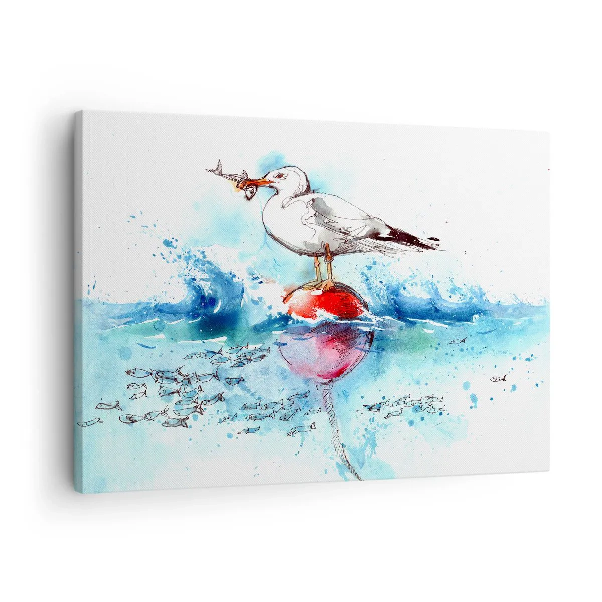 Impression sur toile - Image sur toile - Mouette sur une bouée avec des poissons en arrière-plan dans un style aquarelle - 70x50cm - Prise réussie - Décoration murale moderne pour le salon et la chambre ARTTOR