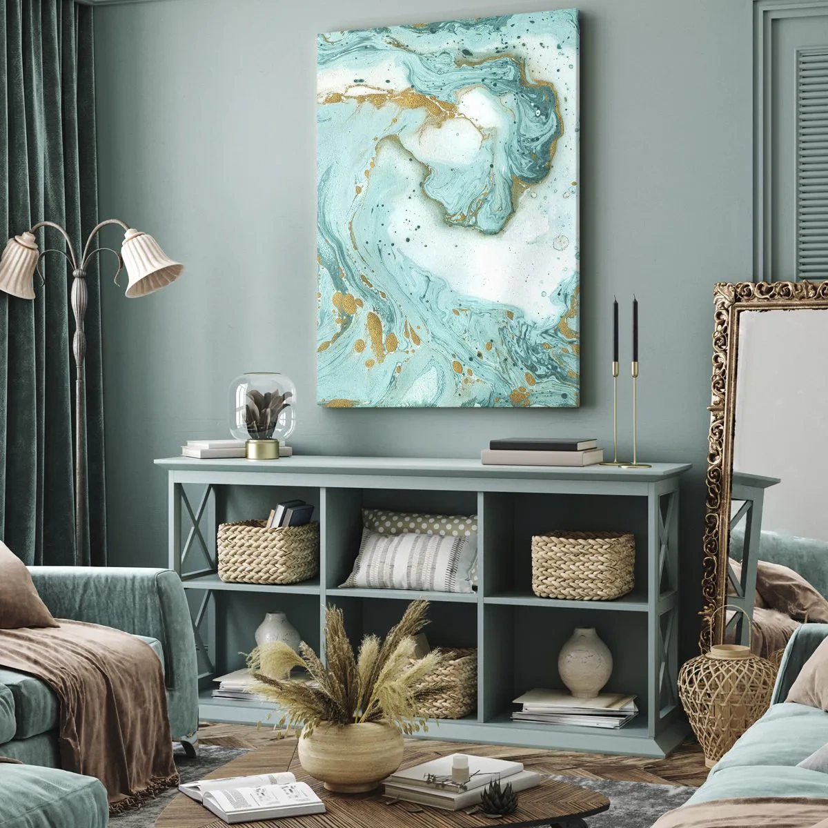 Impression sur toile - Image sur toile - Marbre turquoise avec des accents dorés dans une composition abstraite - 50x70cm - Sous la grande vague de l'ère Edo - Décoration murale moderne pour le salon et la chambre ARTTOR