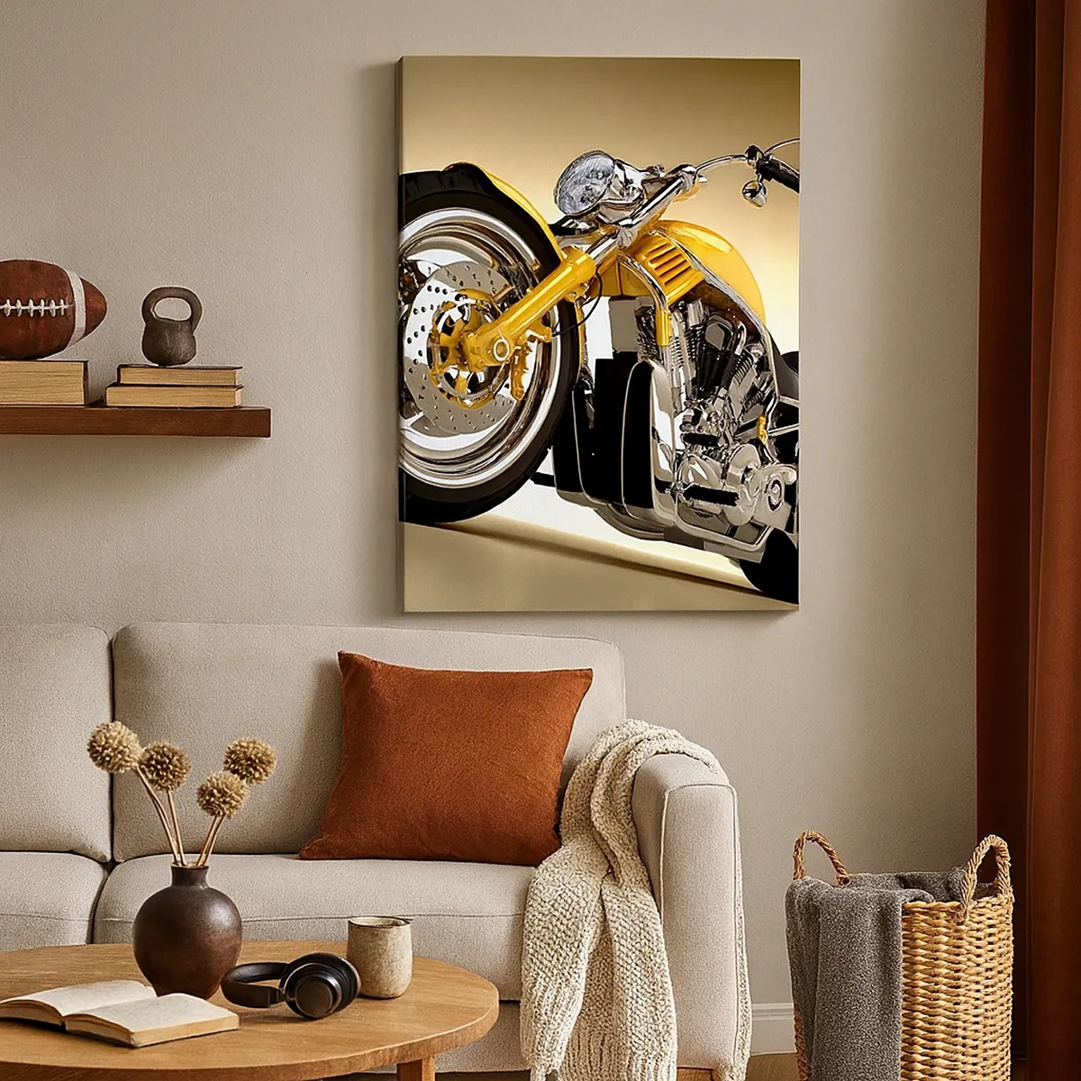 Impression sur toile - Image sur toile - Une moto jaune de style chopper contre un mur beige - 50x70cm - Un rêve de force et de vitesse - Décoration murale moderne pour le salon et la chambre ARTTOR