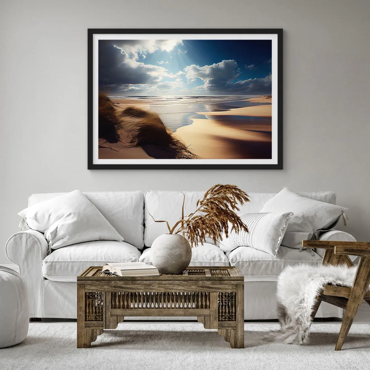 Affiche dans un cadre noir - Poster - Une plage sauvage avec des dunes et un ciel bleu - 70x50cm - Plage, plage sauvage - Décoration murale moderne pour le salon et la chambre ARTTOR