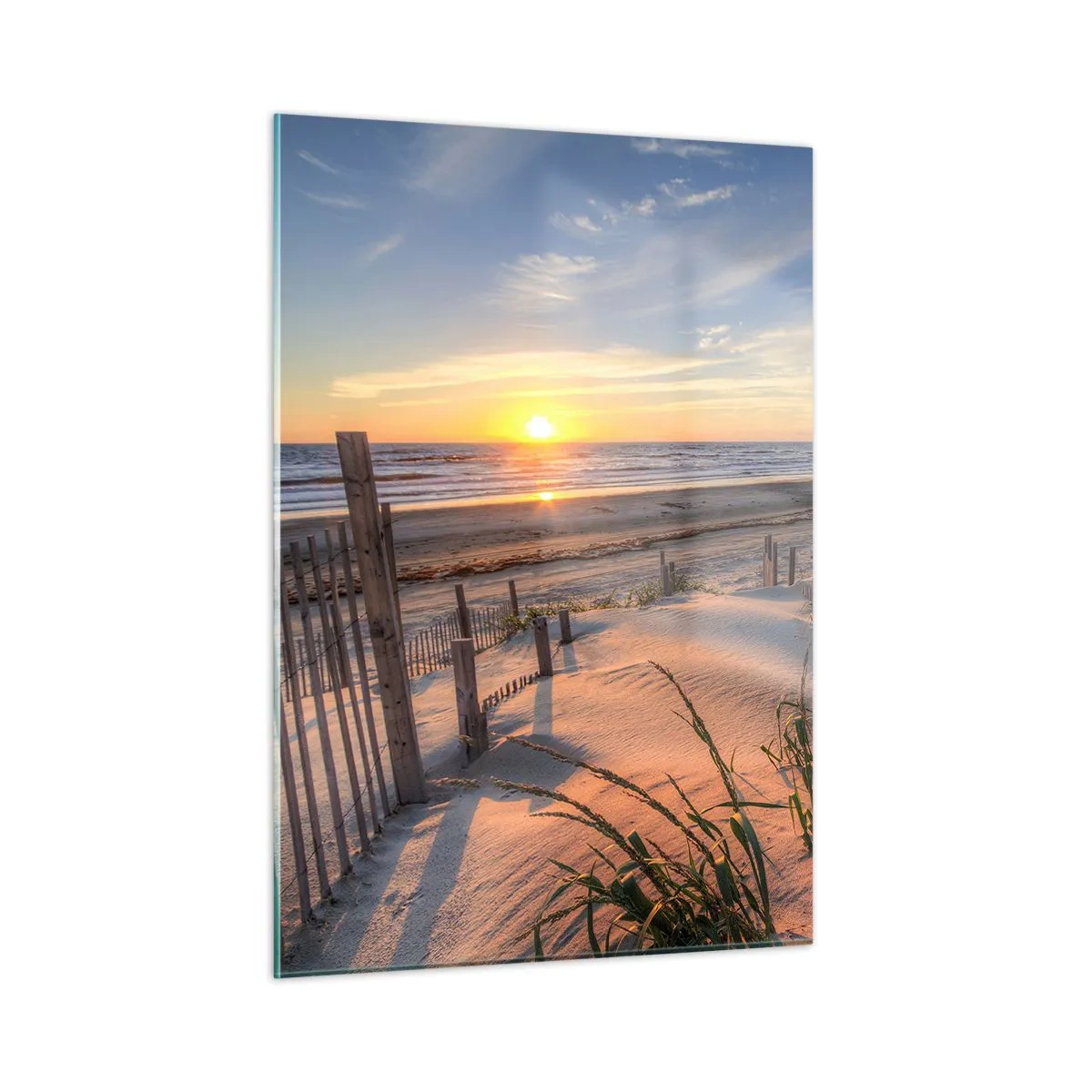 Impression sur verre - Image sur verre - Plage avec dunes au coucher du soleil - 50x70cm - Ombre et brillance du vent - Décoration murale moderne pour le salon et la chambre ARTTOR