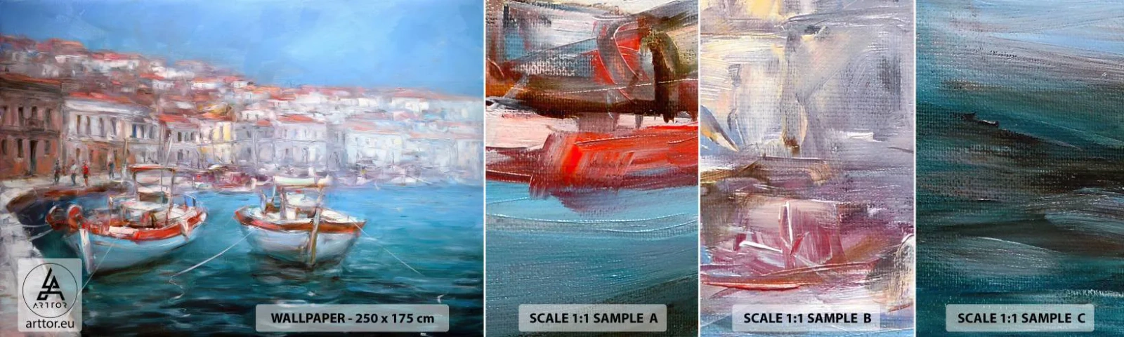 Échantillon de Papier Peint Autocollant Deluxe Sticker - Baie italienne - Ville portuaire, Architecture, Grèce - 100x30 cm