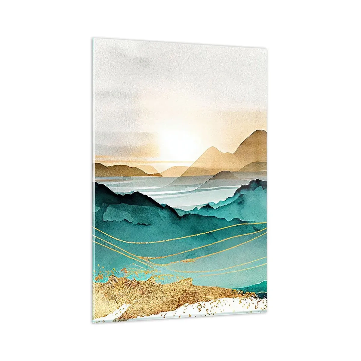 Impression sur verre - Image sur verre - Paysage abstrait avec des montagnes et des accents dorés - 80x120cm - Au frontière de l’abstraction – paysage - Décoration murale moderne pour le salon et la chambre ARTTOR