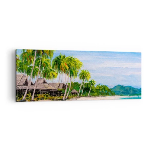 Impression sur toile - Image sur toile - Une plage exotique avec des palmiers et un bateau sur le rivage - 140x50cm - Rêve exotique - Décoration murale moderne pour le salon et la chambre ARTTOR