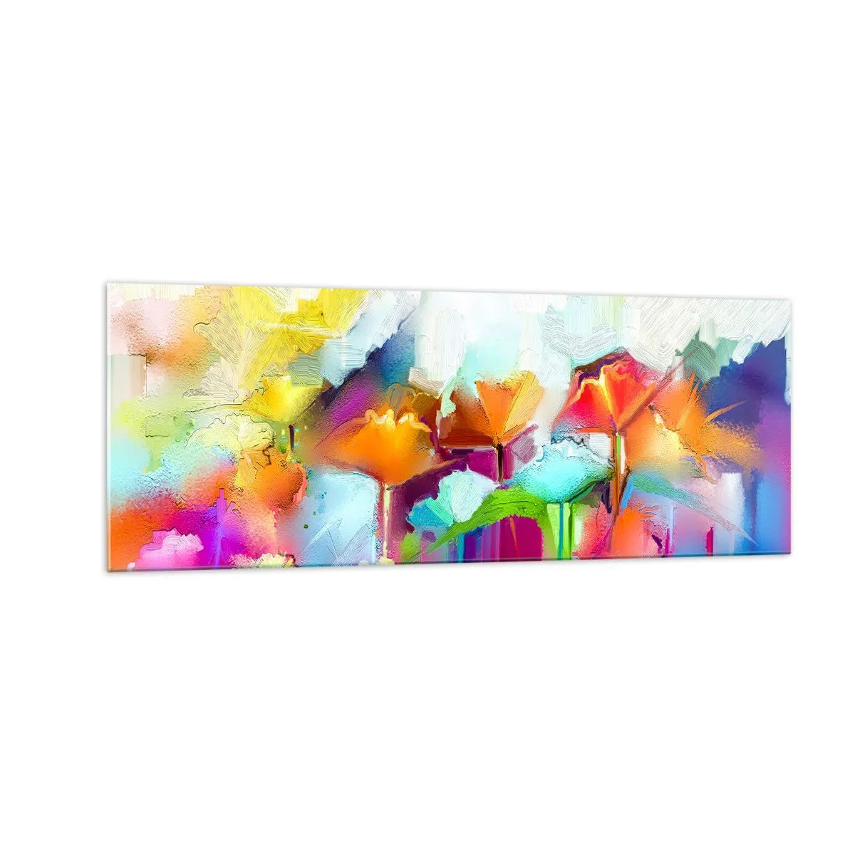Impression sur verre - Image sur verre - Fleurs colorées abstraites sur fond clair - 140x50cm - L'arc-en-ciel s'est épanoui - Décoration murale moderne pour le salon et la chambre ARTTOR