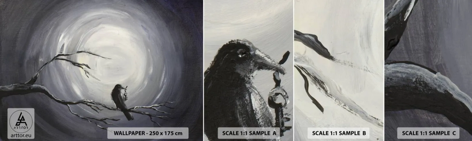 Échantillon De Papier Peint Standard Eco - La clé du mystère de la nuit - Abstraction, Corbeau, Oiseau - 100x30 cm