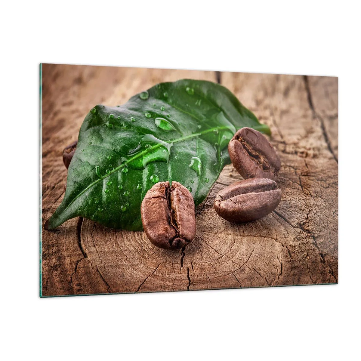 Impression sur verre - Image sur verre - Grains de café sur fond de feuilles et de bois - 120x80cm - La plus vraie et noire - Décoration murale moderne pour le salon et la chambre ARTTOR