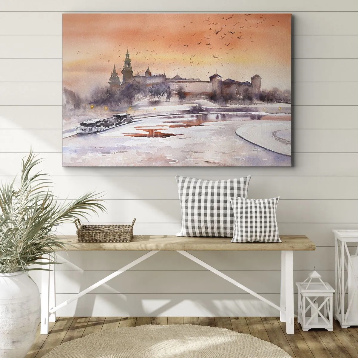 Impression sur toile - Image sur toile - Coucher de soleil sur le château dans un paysage hivernal - 100x70cm - Coucher de soleil royal - Décoration murale moderne pour le salon et la chambre ARTTOR