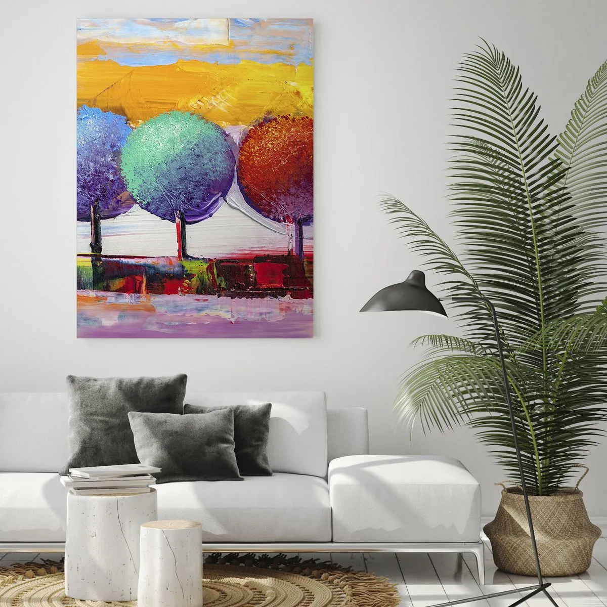 Impression sur verre - Image sur verre - Arbres abstraits colorés sur un fond intense - 50x70cm - Art jusqu'à trois - Décoration murale moderne pour le salon et la chambre ARTTOR