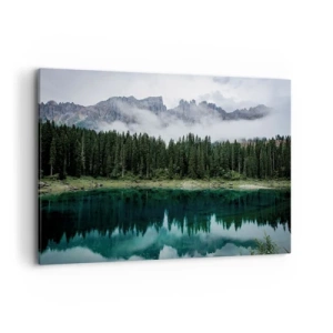 Impression sur toile - Image sur toile - Un paysage de montagne avec une forêt et un lac reflétant le ciel - 100x70cm - Chut, chut, ne réveillons pas l'eau qui dort - Décoration murale moderne pour le salon et la chambre ARTTOR