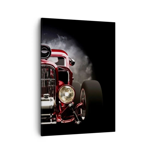 Impression sur toile - Image sur toile - Voiture de course classique rouge sur fond sombre - 50x70cm - Rapide et furieusement beau - Décoration murale moderne pour le salon et la chambre ARTTOR