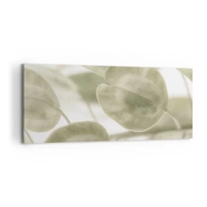 Impression sur toile - Image sur toile - Une peinture délicate de feuilles dans des tons pastel de vert sur un fond clair. - 120x50cm - Au commencement il y avait des feuilles... - Décoration murale moderne pour le salon et la chambre ARTTOR