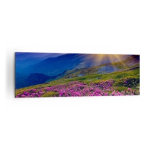Impression sur toile - Image sur toile - Une prairie fleurie avec vue sur les montagnes au coucher du soleil - 160x50cm - … Et autour, ça sent le pin des montagnes et l'odeur de la prairie - Décoration murale moderne pour le salon et la chambre ARTTOR