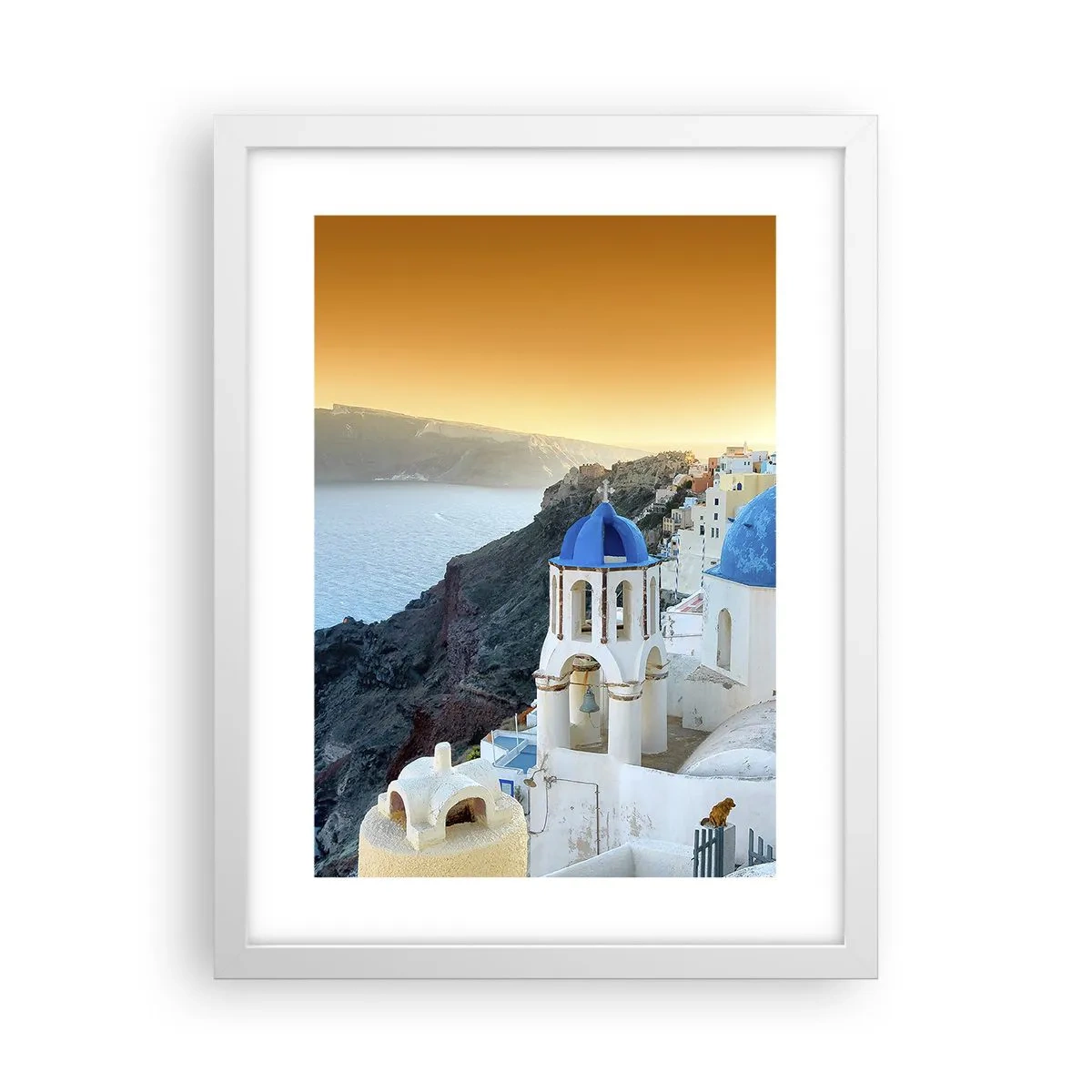 Affiche dans un cadre blanc - Poster - Santorin - blotti contre les rochers - 30x40 cm