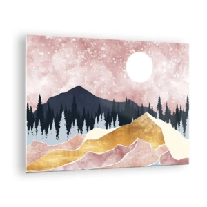 Impression sur verre - Image sur verre - Montagnes et forêt au clair de lune contre un ciel rose - 70x50cm - Gardien de la nuit - Décoration murale moderne pour le salon et la chambre ARTTOR