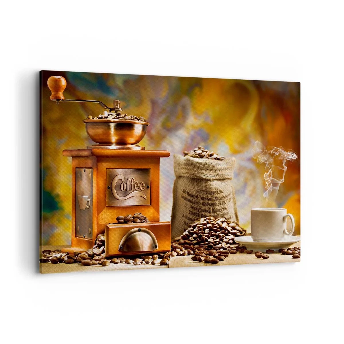 Impression sur toile - Image sur toile - Moulin à café avec des grains et une tasse en arrière-plan - 120x80cm - Le craquement des grains, le cliquetis d'un moulin - Décoration murale moderne pour le salon et la chambre ARTTOR