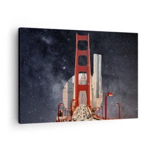 Impression sur toile - Image sur toile - Le Golden Gate Bridge avec la ville en arrière-plan contre un ciel étoilé - 70x50cm - Toujours au centre - Décoration murale moderne pour le salon et la chambre ARTTOR