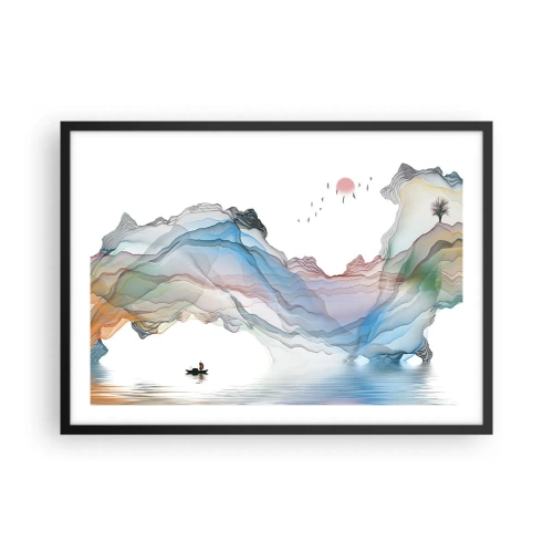 Affiche dans un cadre noir - Poster - Un paysage subtil avec des montagnes, de l'eau et un bateau - 70x50cm - Vers les montagnes de cristal - Décoration murale moderne pour le salon et la chambre ARTTOR