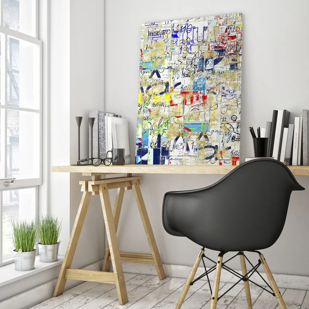 Impression sur verre - Image sur verre - Une composition abstraite avec un mélange de couleurs et d'inscriptions. - 50x70cm - Ca fait juste plaisir aux yeux - Décoration murale moderne pour le salon et la chambre ARTTOR