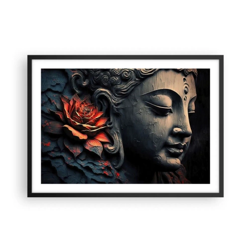 Affiche dans un cadre noir - Poster - Sculpture de Bouddha avec une fleur de lotus rouge - 70x50cm - En harmonie avec le monde - Décoration murale moderne pour le salon et la chambre ARTTOR