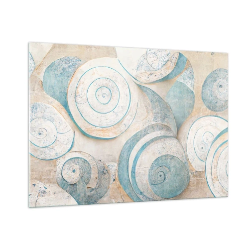 Impression sur verre - Image sur verre - Coquillages dans une palette bleue et beige sur un fond structuré - 100x70cm - Que cache la coque ? - Décoration murale moderne pour le salon et la chambre ARTTOR