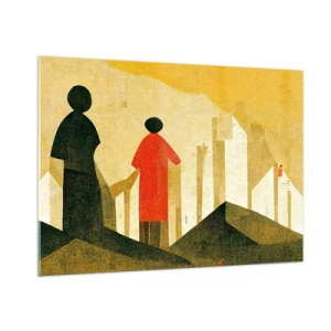 Impression sur verre - Image sur verre - Silhouettes géométriques de personnages parmi de hautes formes sur fond de ciel jaune - 100x70cm - La route est encore longue - Décoration murale moderne pour le salon et la chambre ARTTOR