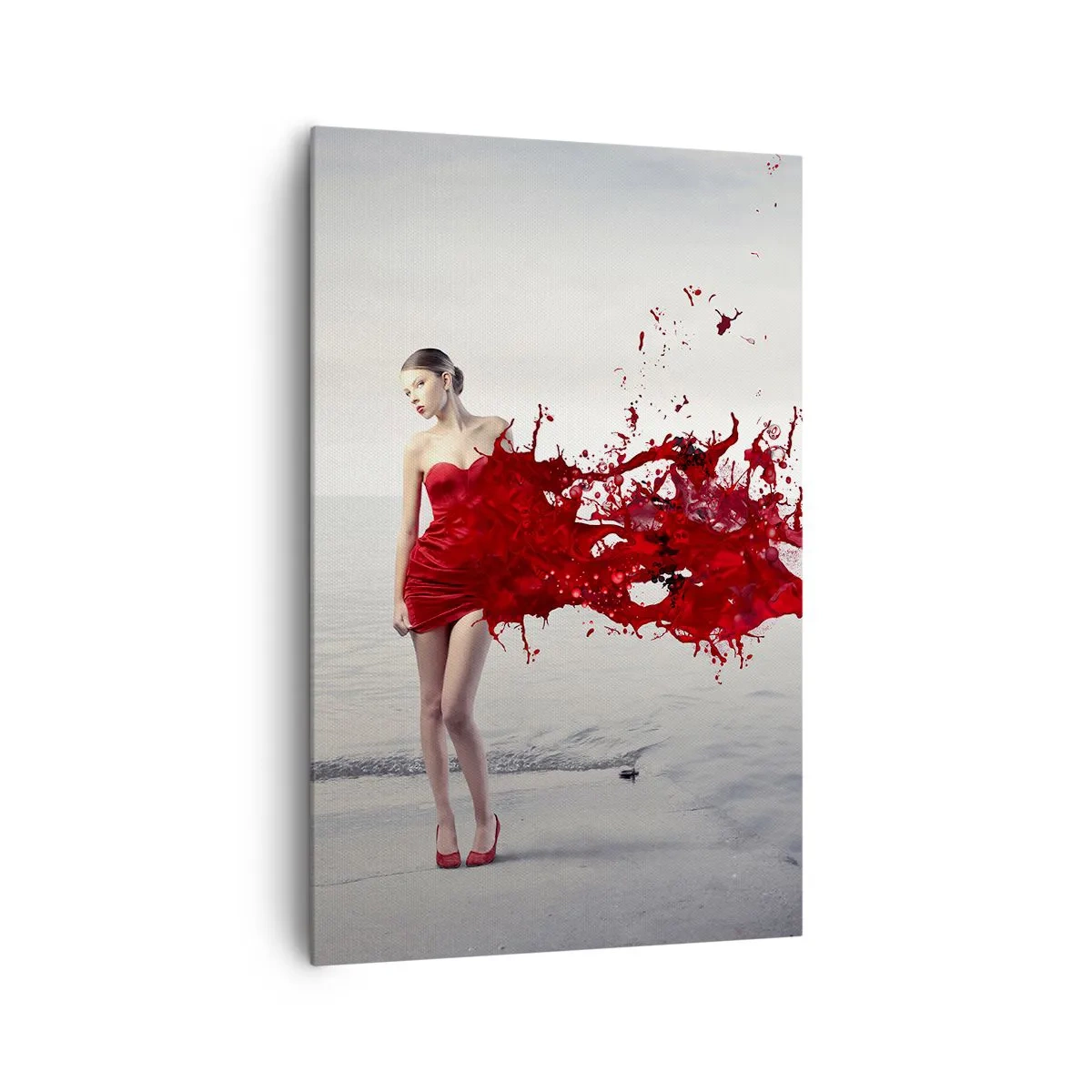 Impression sur toile - Image sur toile - Une femme en robe rouge dans une composition artistique au bord de l'eau - 80x120cm - Passionné comme l'écarlate - Décoration murale moderne pour le salon et la chambre ARTTOR