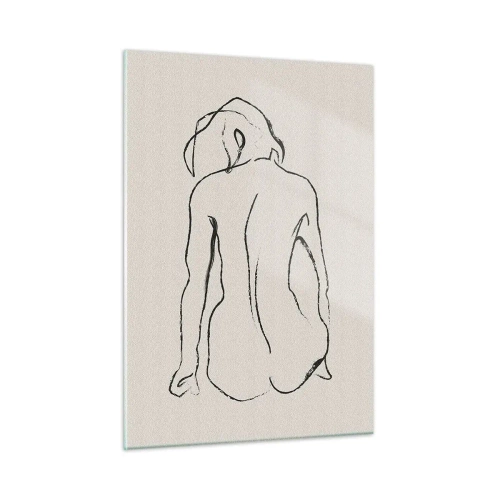 Impression sur verre - Image sur verre - Un croquis délicat d'une femme assise, dessiné en noir sur un fond clair. - 50x70cm - Femme nue - Décoration murale moderne pour le salon et la chambre ARTTOR
