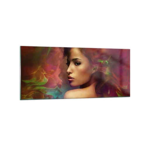 Impression sur verre - Image sur verre - Une femme aux reflets colorés créant un arrière-plan abstrait - 120x50cm - Plus beau qu'un arc-en-ciel, aussi délicat qu'un brouillard - Décoration murale moderne pour le salon et la chambre ARTTOR