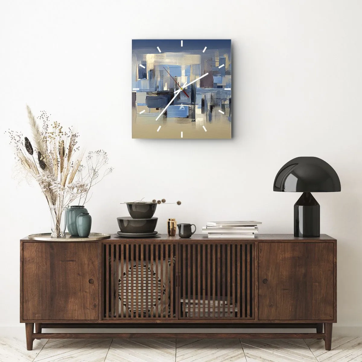 Horloge murale - Pendule murale - Formes géométriques dans les tons de bleu et de beige - 30x30cm - Construction bleue - Décoration murale moderne pour le salon et la chambre ARTTOR