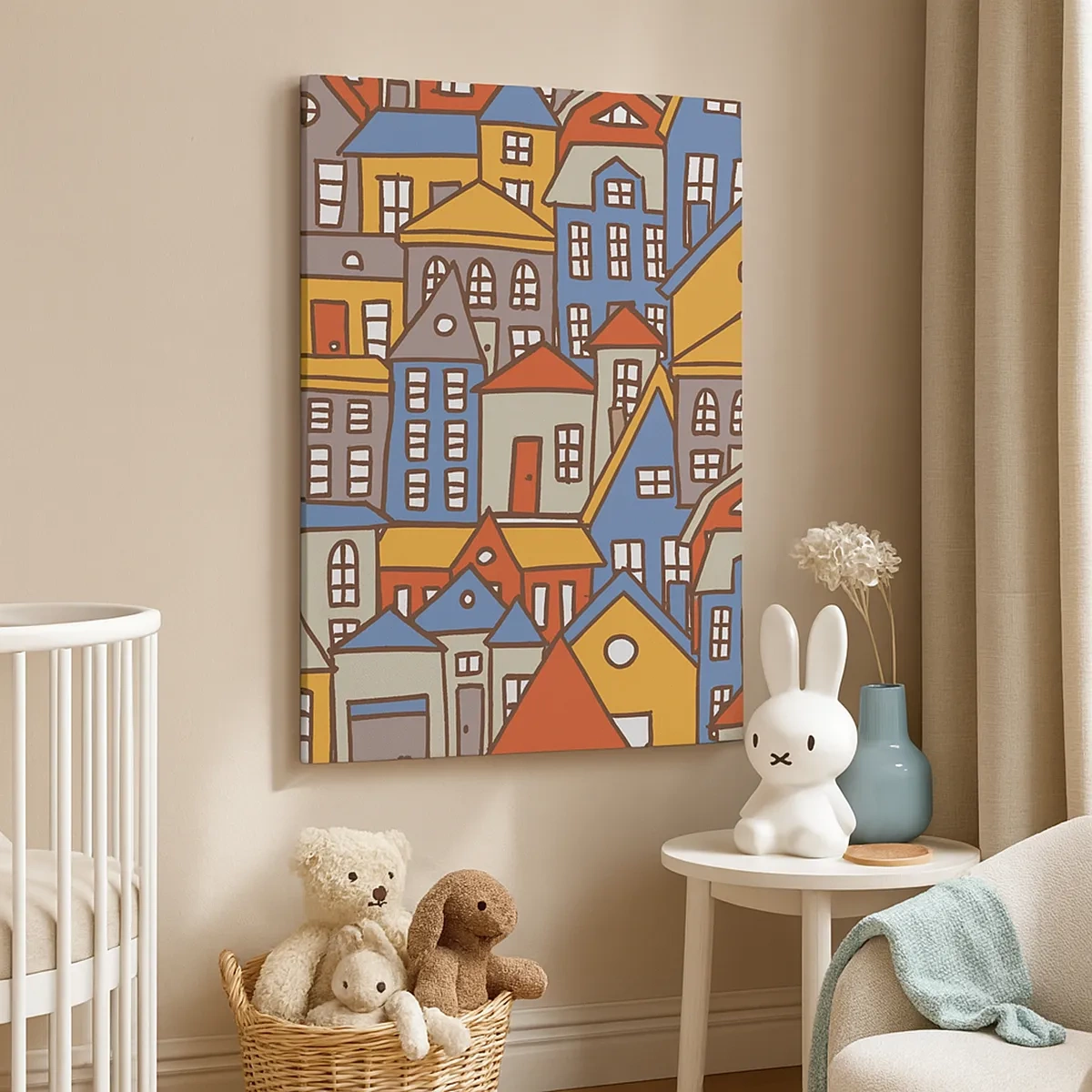 Impression sur toile - Image sur toile - Maisons colorées dans un style graphique sur fond clair - 50x70cm - Derrière la maison, une maison - Décoration murale moderne pour le salon et la chambre ARTTOR