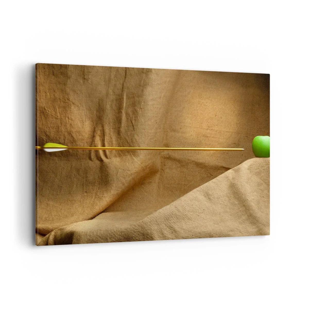 Impression sur toile - Image sur toile - Pomme verte sur tissu avec une flèche créant une composition - 100x70cm - Invoquer l'esprit de Guillaume Tell - Décoration murale moderne pour le salon et la chambre ARTTOR