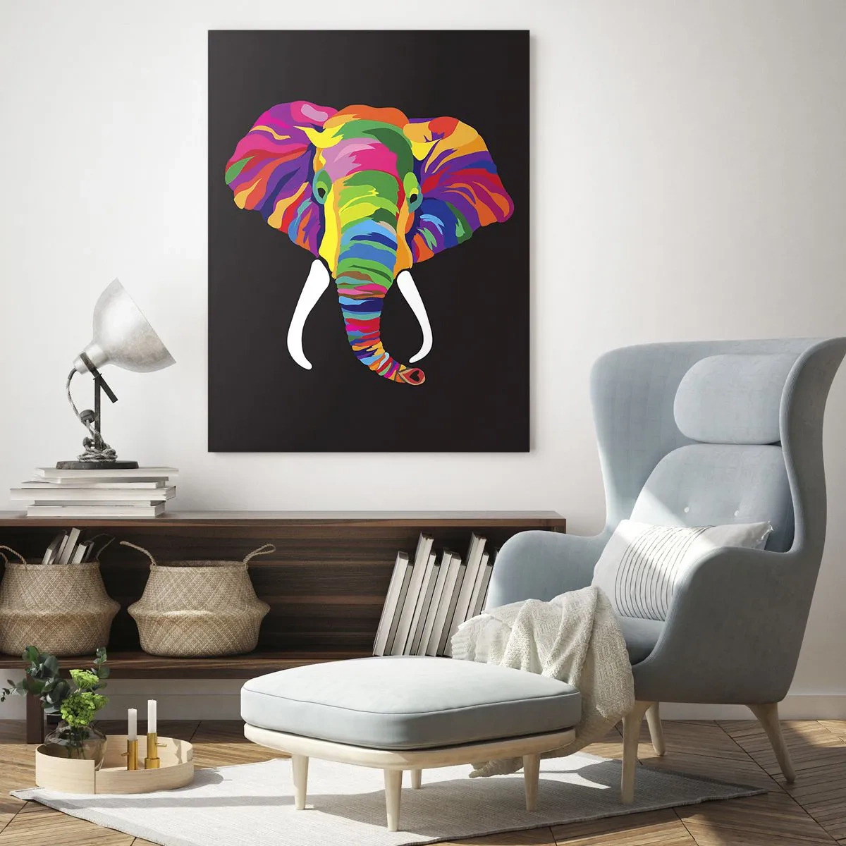 Impression sur verre - Image sur verre - Une image colorée d'un éléphant sur fond noir - 80x120cm - L'éléphant qui aimait se baigner dans un arc-en-ciel - Décoration murale moderne pour le salon et la chambre ARTTOR