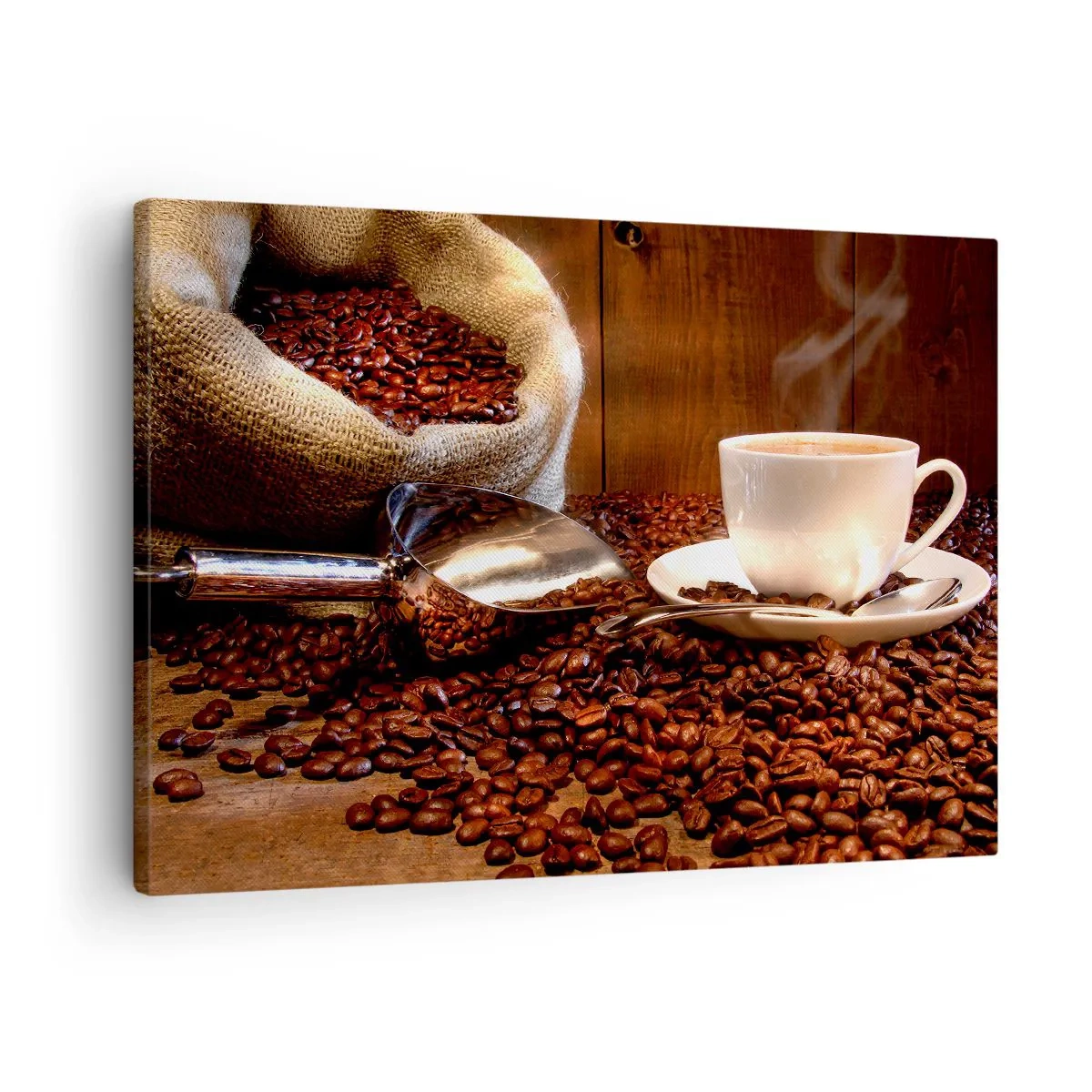 Impression sur toile - Image sur toile - Une tasse de café avec des grains de café et un sac de céréales en arrière-plan - 70x50cm - Sentez-vous cette odeur? - Décoration murale moderne pour le salon et la chambre ARTTOR